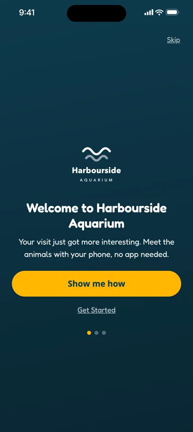 The welcome screen of Harbourside Aquarium's guide
