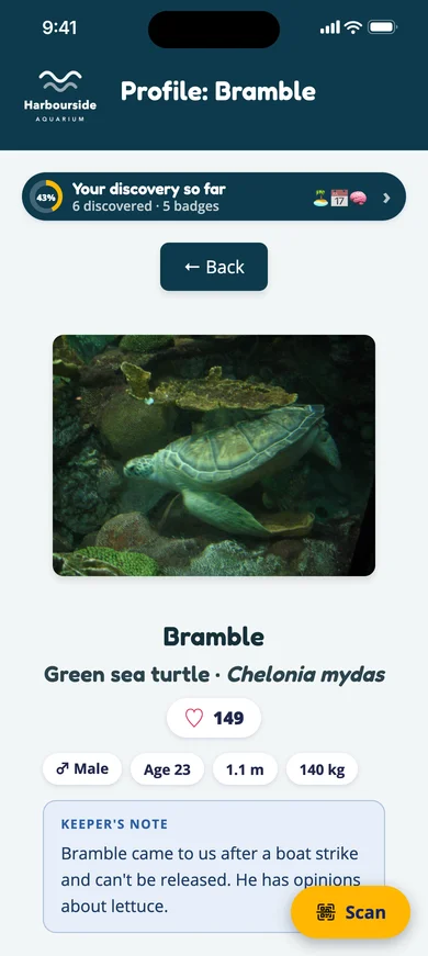 Bramble the green sea turtle's profile, with a keeper's note