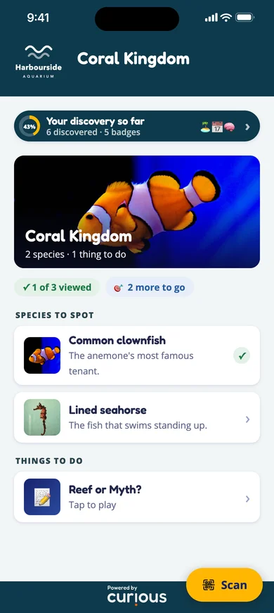 The Coral Kingdom exhibit page: a clownfish and a seahorse to spot, and the Reef or Myth? quiz
