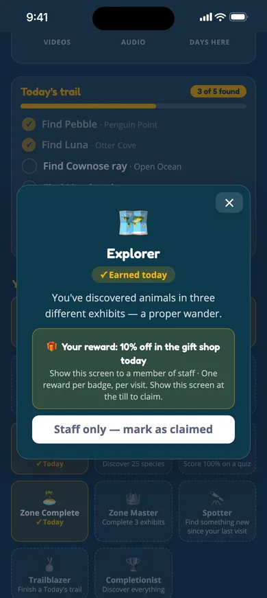 The Explorer badge with a 10% gift shop reward and a staff-only claim button