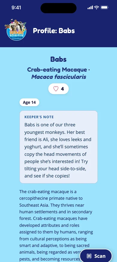 Babs the crab-eating macaque's profile at Sealife Adventure: age 14 and a keeper's note