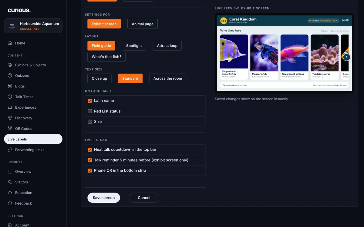 Editing a screen in the portal: layout, text size and what each card shows, with a live preview of the exhibit screen