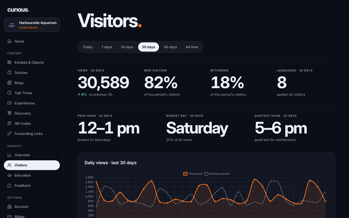 The Insights Visitors view: views, new and returning visitors, peak hour, busiest day, quietest hour and daily views
