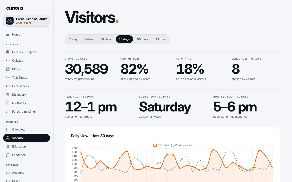 The Insights Visitors view: views, new and returning visitors, peak hour, busiest day, quietest hour and daily views